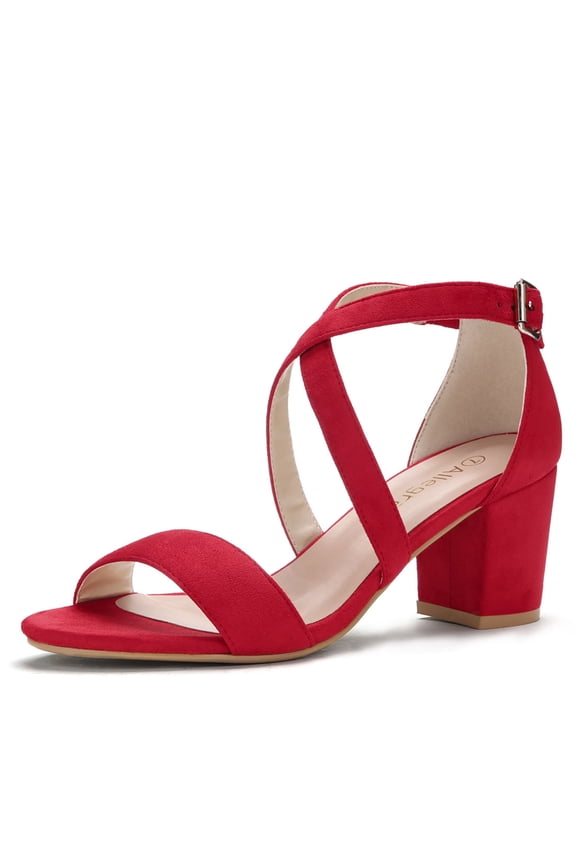 Women's Open Toe Cross Strap Mid Block Heel Sandals Red 9