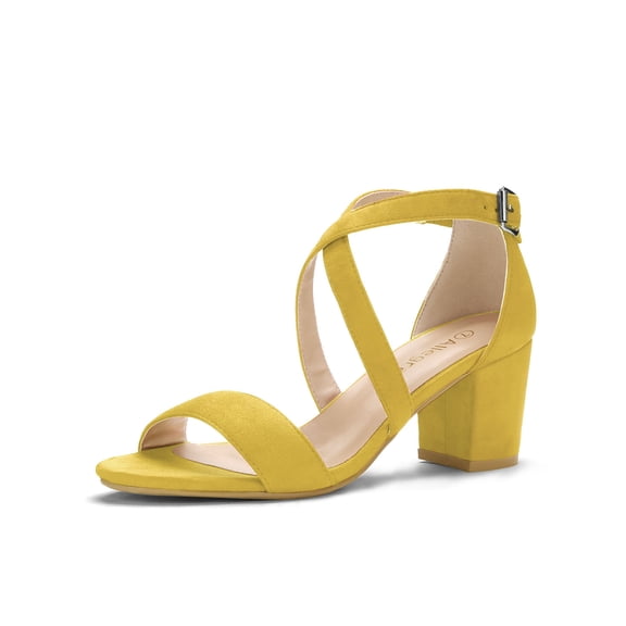 BLISSFUL STEP Women's Open Toe Cross Strap Mid Block Heel Sandals Yellow 10