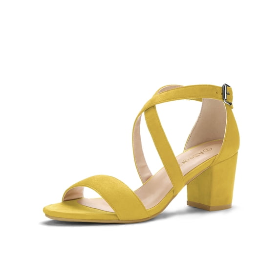 BLISSFUL STEP Women's Open Toe Cross Strap Mid Block Heel Sandals Yellow 5