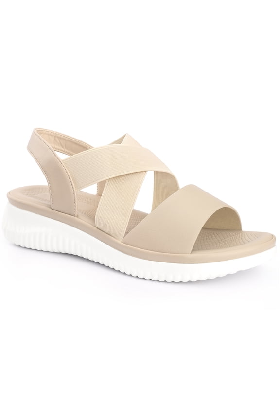 Women's Open Toe Elastic Cross Strap Flat Sandals Beige (Size 10.5)