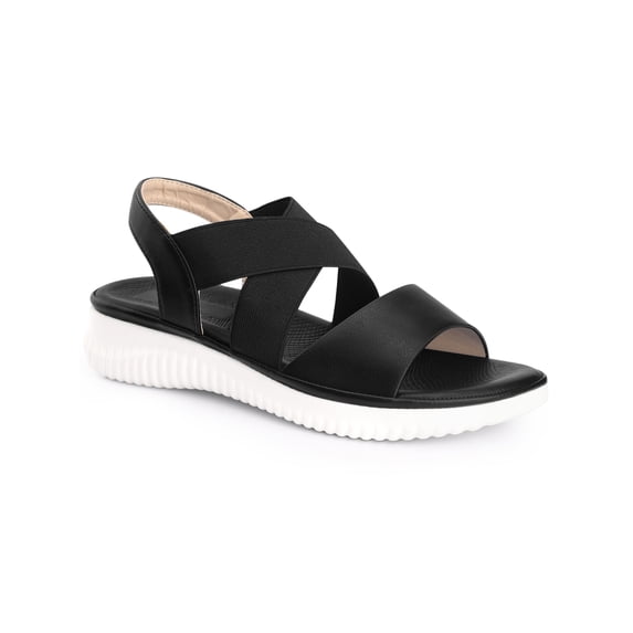 BLISSFUL STEP Women's Open Toe Elastic Cross Strap Flat Sandals Black (Size 7)