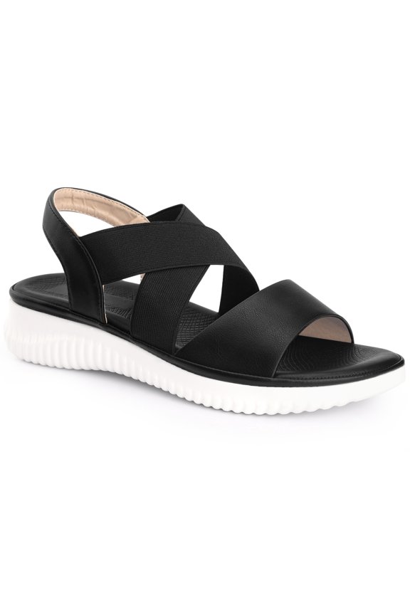 Women's Open Toe Elastic Cross Strap Flat Sandals Black (Size 9.5)