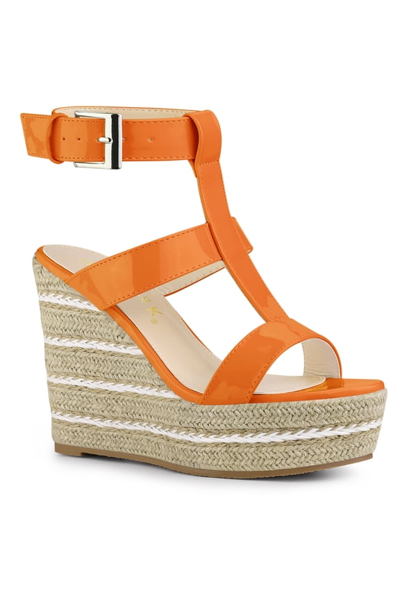 Women's Shoes Espadrille Wedge Ankle Buckle T-Strap Platform Sandals Orange 6