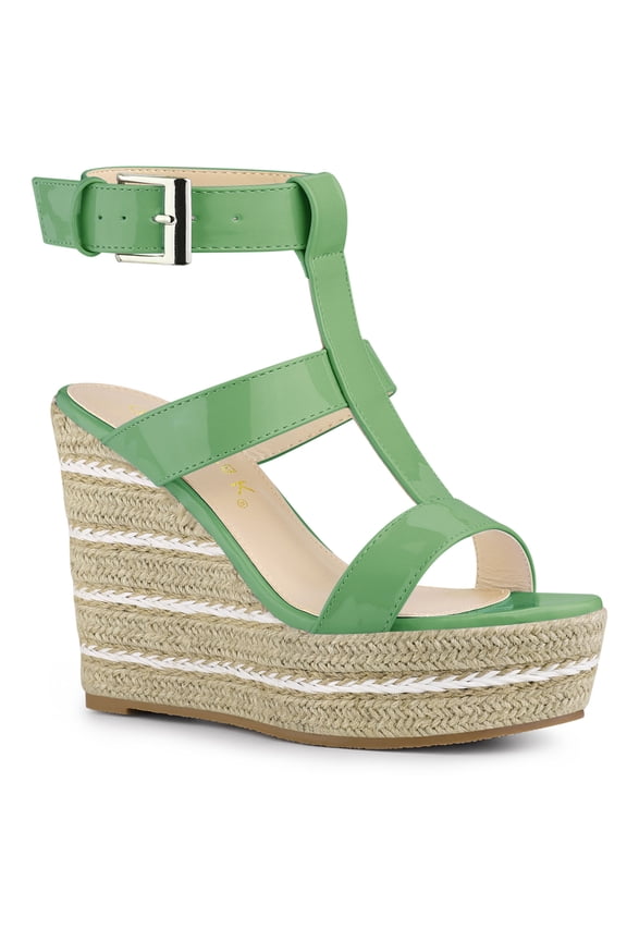 Women's Shoes Espadrille Wedge Ankle Buckle T-Strap Platform Sandals Green 7