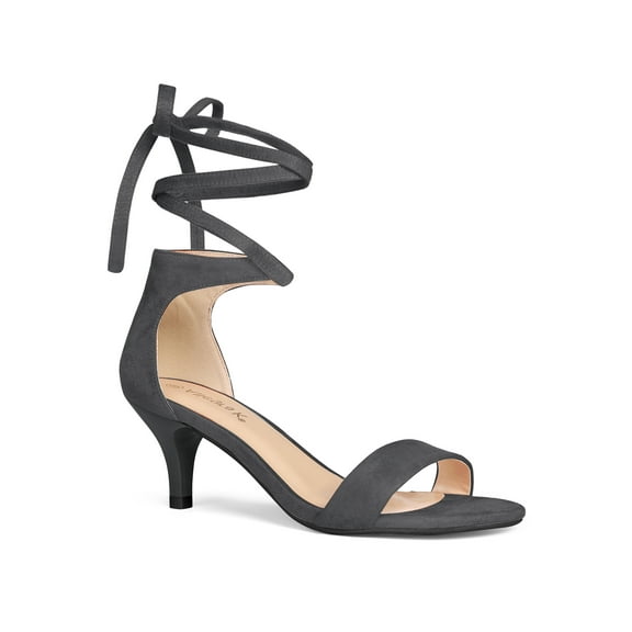 BLISSFUL STEP Women's Shoes Faux Suede Lace Up Open Toe Kitten Heel Cushioned Footbed Sandals  Grey 9