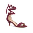 thumbnail image 1 of BLISSFUL STEP Women's Shoes Faux Suede Lace Up Open Toe Kitten Heel Cushioned Footbed Sandals  Burgundy 6, 1 of 8