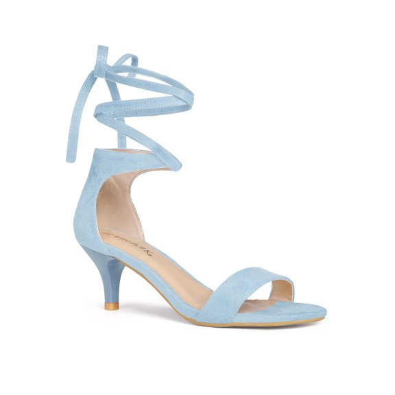 BLISSFUL STEP Women's Shoes Faux Suede Lace Up Open Toe Kitten Heel Cushioned Footbed Sandals  Sky Blue 10