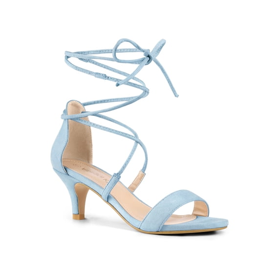 BLISSFUL STEP Inspired Women's Kitten Heel Lace Up Open Toe Sandals Sky Blue (Size 8)