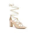 thumbnail image 1 of BLISSFUL STEP Women's Open Toe Knots Strap Lace Up Block Heels Sandals Beige 9, 1 of 7
