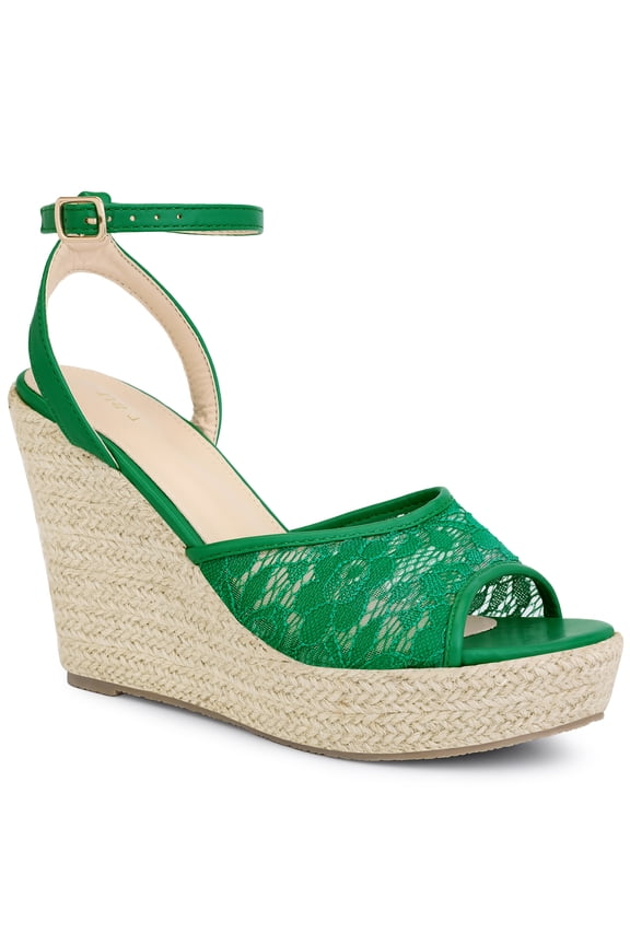 Allegra K Women's Open Toe Lace Platform Espadrille Wedge Heels Sandals Green (Size 6.5)