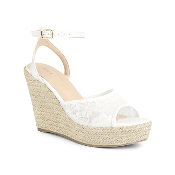 BLISSFUL STEP Women's Open Toe Lace Platform Espadrille Wedge Heels Sandals White 5.5