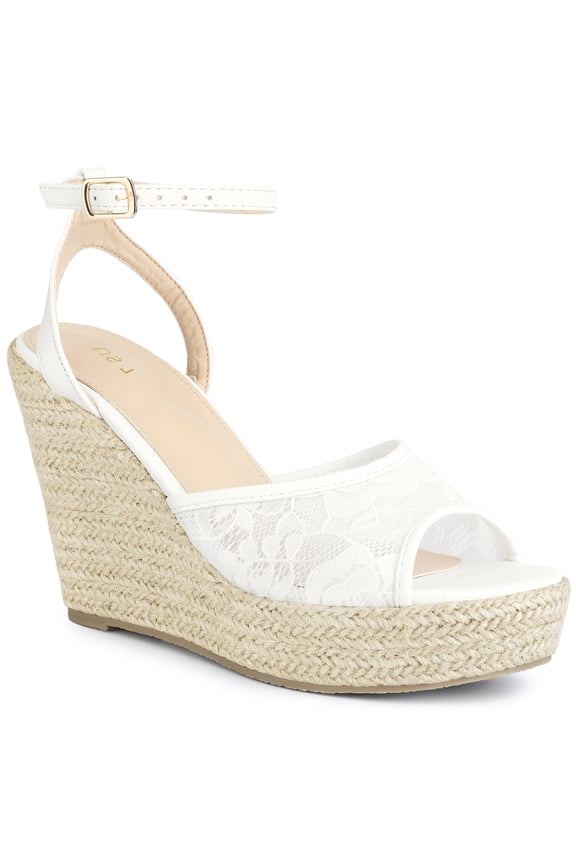 Allegra K Women's Open Toe Lace Platform Espadrille Wedge Heels Sandals White (Size 8)