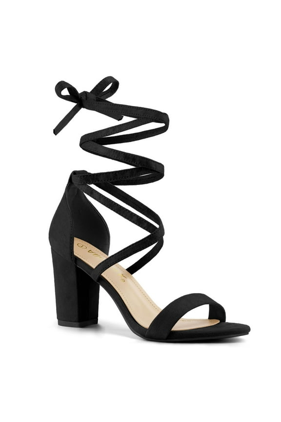 Women's Shoes Lace Up Chunky Heels Open Toe Faux Suede Sandals Black 5.5