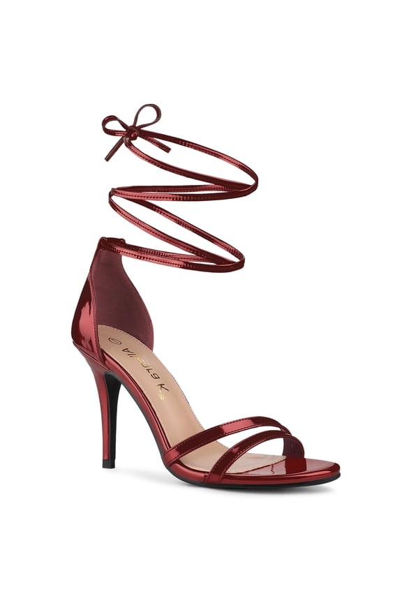 Lace Up Open Toe Stiletto Heeled Sandals for Women Maroon 7