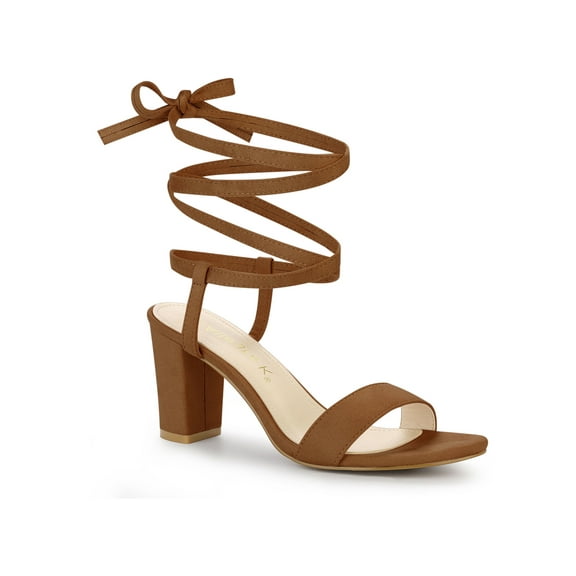 BLISSFUL STEP Women's Open Toe Lace up Block High Heels Sandals Brown 7