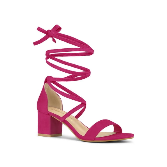 BLISSFUL STEP Women's Shoes Lace-Up Chunky Heel Open Toe Cross Strap Sandals Hot Pink 10.5