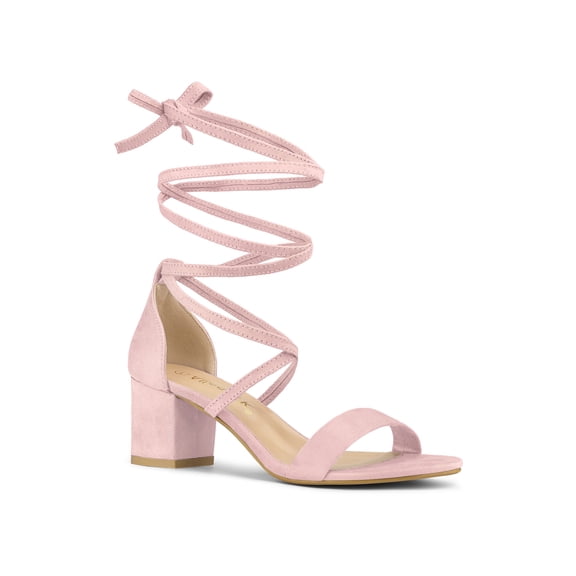 BLISSFUL STEP Women's Open Toe Lace up Sandals Mid Block Heels Sandals Light Pink 7