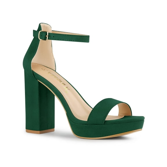 BLISSFUL STEP Women's Shoes Faux Suede High Chunky Heel Platform Ankle Strap Open Toe Sandals Green 7.5