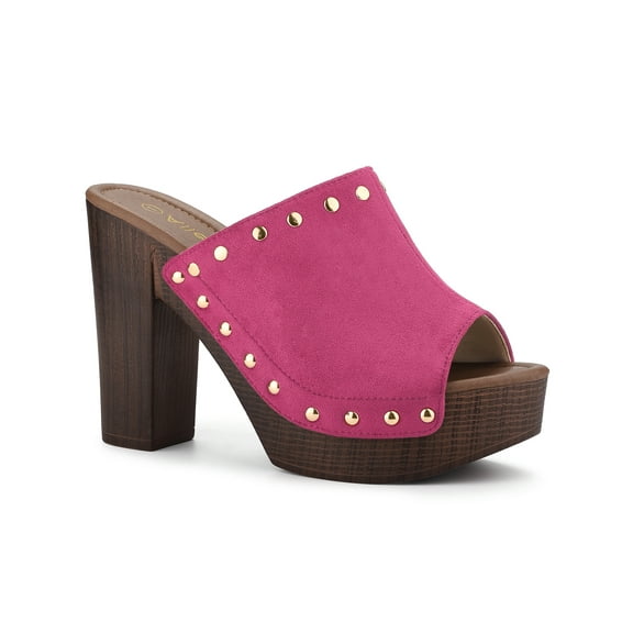 BLISSFUL STEP Women's Shoes Platform Chunky Heels Open Toe Rivet Faux Suede Slides Sandals Hot Pink 6.5