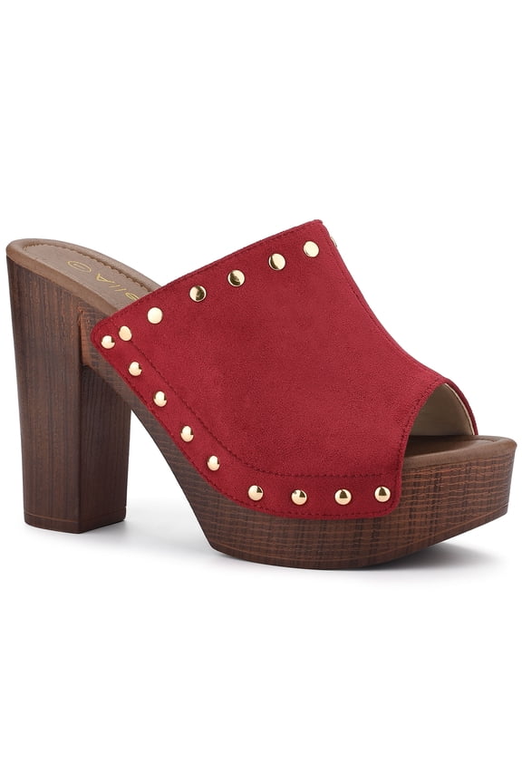 Women's Shoes Platform Chunky Heels Open Toe Rivet Faux Suede Slides Sandals Red 9.5