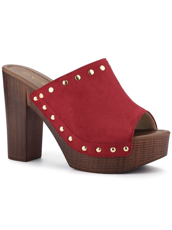 Women's Shoes Platform Chunky Heels Open Toe Rivet Faux Suede Slides Sandals Red 9.5