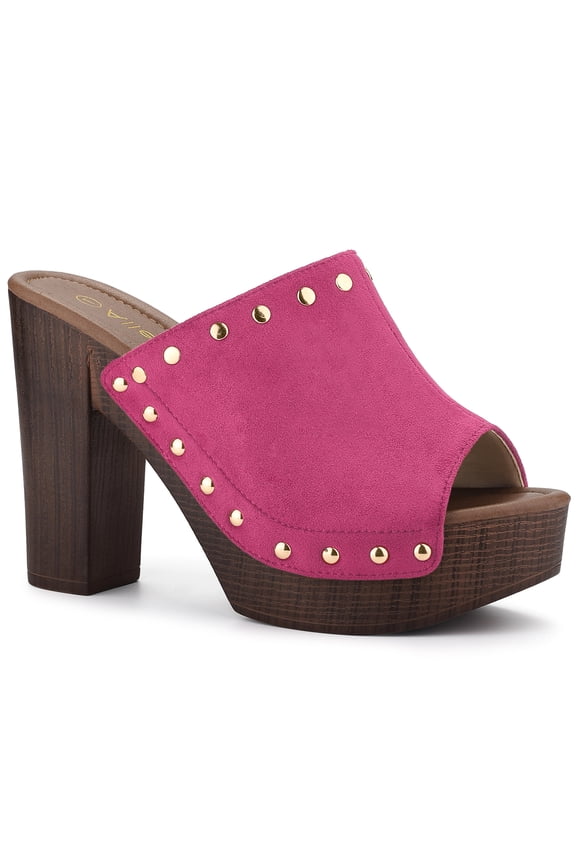 Women's Shoes Platform Chunky Heels Open Toe Rivet Faux Suede Slides Sandals Hot Pink 8.5