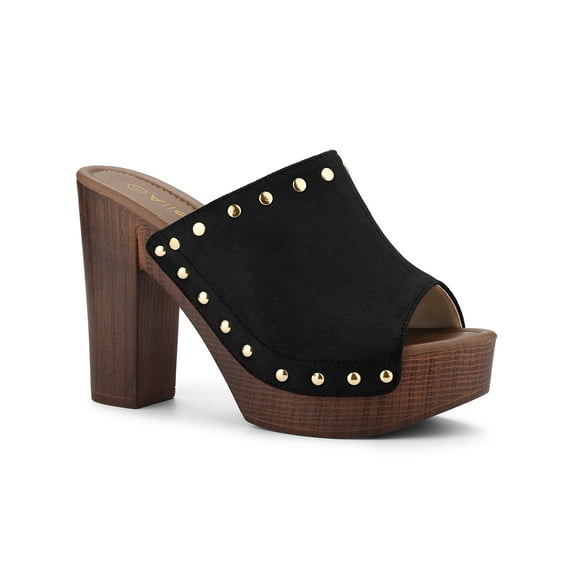 BLISSFUL STEP Women's Shoes Platform Chunky Heels Open Toe Rivet Faux Suede Slides Sandals Black 9.5