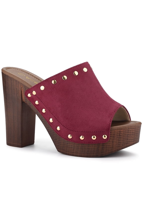 Women's Shoes Platform Chunky Heels Open Toe Rivet Faux Suede Slides Sandals Burgundy 8