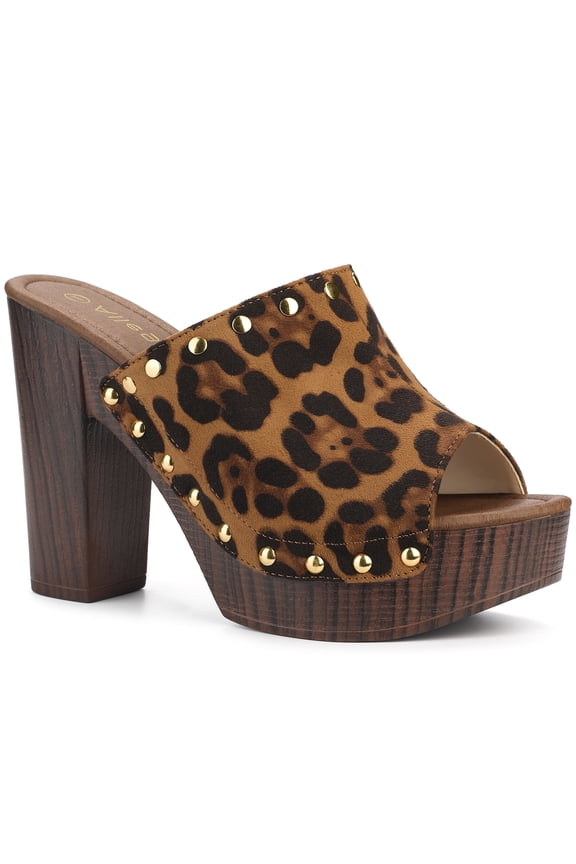 Women's Shoes Platform Chunky Heels Open Toe Rivet Faux Suede Slides Sandals Leopard 7