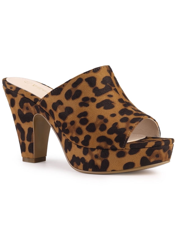 Women's Chunky Heels Platform Open Toe Slides Sandals Leopard 7