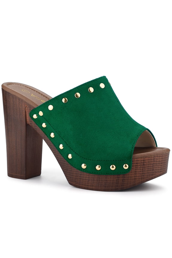 Women's Shoes Platform Chunky Heels Open Toe Rivet Faux Suede Slides Sandals Green 9.5