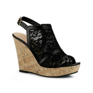 BLISSFUL STEP Women's Open Toe Platform Heel Laces Wedges Sandals Black 5.5
