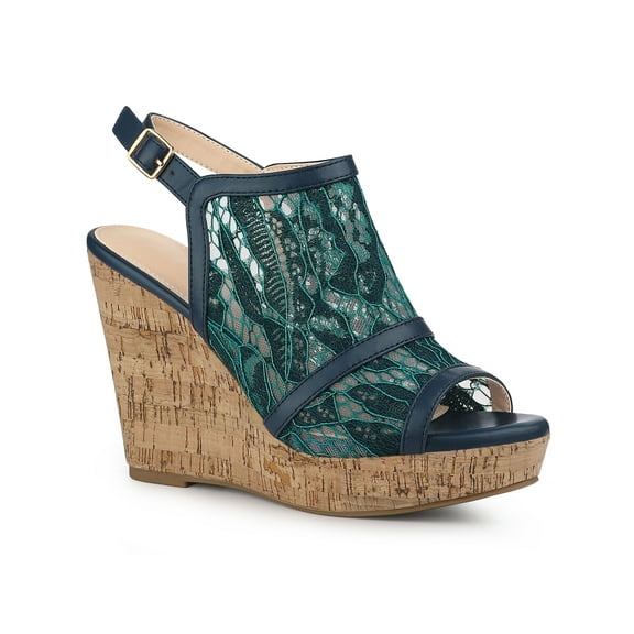 BLISSFUL STEP Valentine's Women's Shoes Open Toe Platform Heel Laces Wedge Sandals Blue Green 10