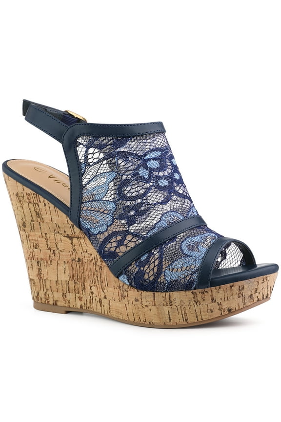 St. Patrick's Day Women's Shoes Open Toe Platform Heel Laces Wedge Sandals Deep Blue 8