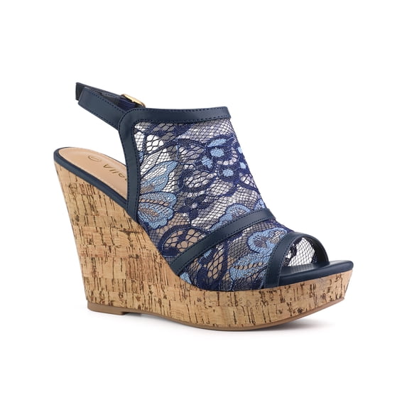 BLISSFUL STEP Women's Shoes Open Toe Platform Heel Laces Wedge Sandals Deep Blue 8