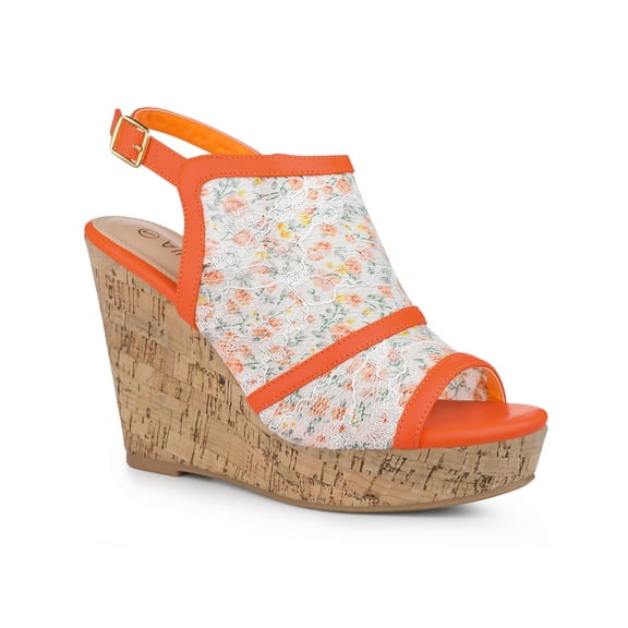BLISSFUL STEP Valentine's Women's Shoes Open Toe Platform Heel Laces Wedge Sandals Orange Flower 10