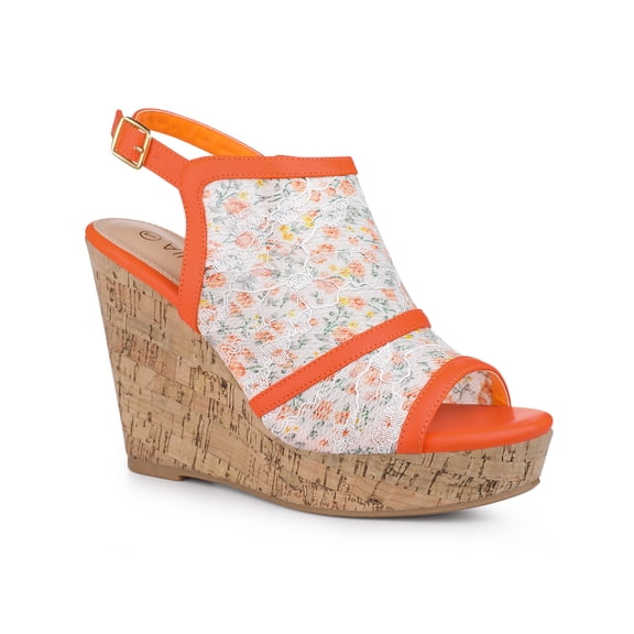 BLISSFUL STEP Women's Shoes Open Toe Platform Heel Laces Wedges Sandals Orange Flower 7