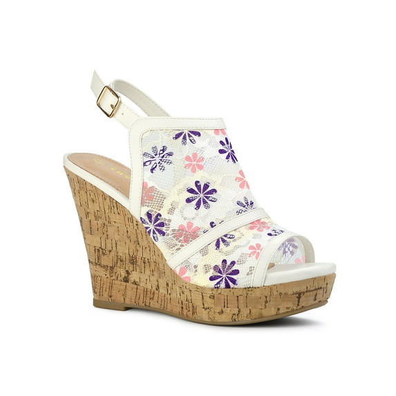 BLISSFUL STEP Women's Shoes Open Toe Platform Heel Laces Wedge Sandals White Purple 9
