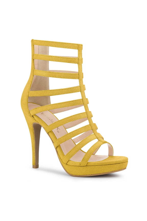 Women's Open Toe Platform Stiletto Heel Cage Heeled Sandals Yellow 9
