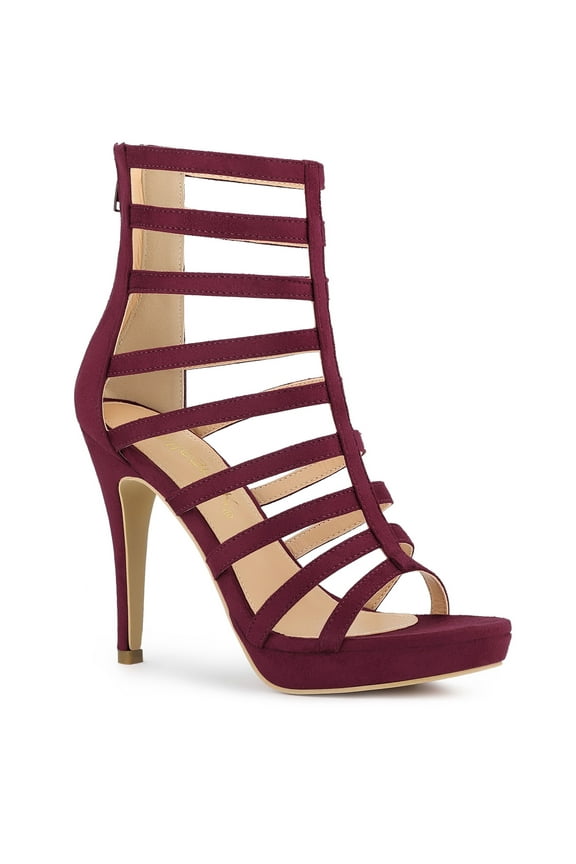 Women's Open Toe Platform Stiletto Heel Cage Heeled Sandals Burgundy 8.5