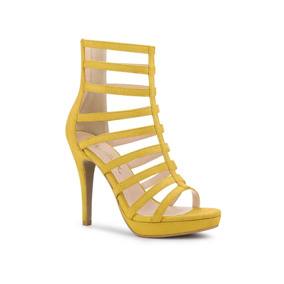 BLISSFUL STEP Women's Open Toe Platform Stiletto Heel Cage Heeled Sandals Yellow 6