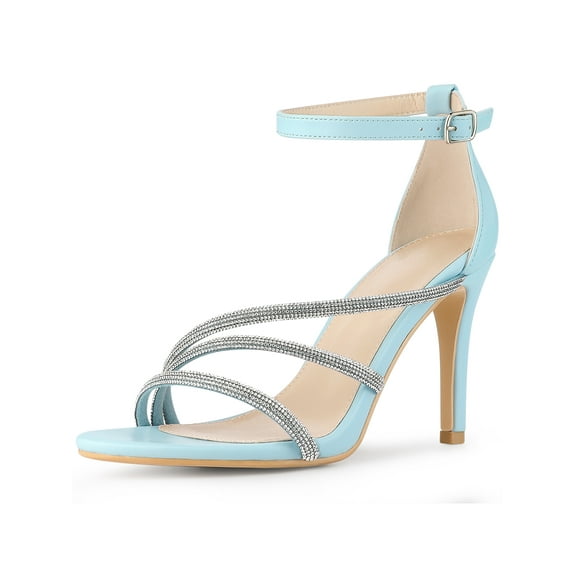 BLISSFUL STEP Women's Open Toe Rhinestone Strappy Ankle Strap Stiletto Heels Sandals Sky Blue (Size 8)
