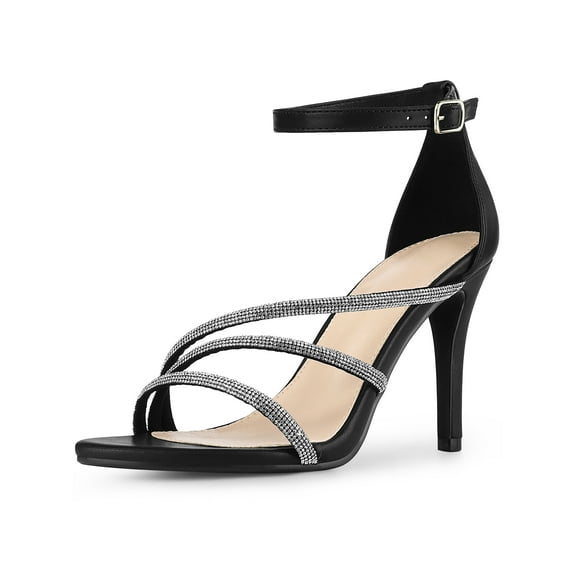 BLISSFUL STEP Women's Open Toe Rhinestone Strappy Ankle Strap Stiletto Heels Sandals Black (Size 7)
