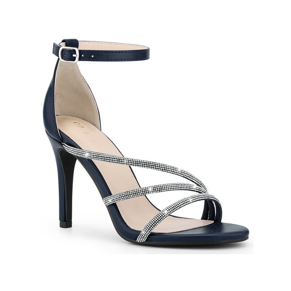 BLISSFUL STEP Women's Open Toe Rhinestone Strappy Ankle Strap Stiletto Heels Sandals Navy Blue (Size 9)