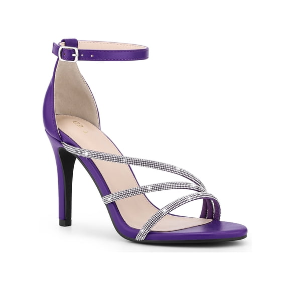 BLISSFUL STEP Women's Open Toe Rhinestone Strappy Ankle Strap Stiletto Heels Sandals Purple (Size 6)