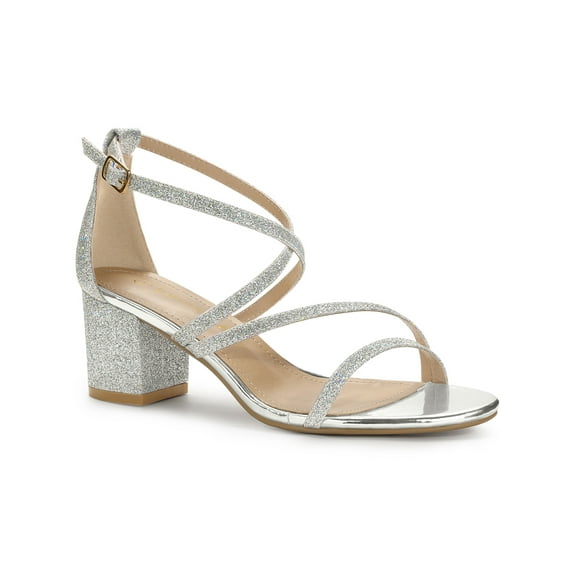 BLISSFUL STEP Women's Open Toe Sandal Glitter Crisscross Strap Block Heel Prom Sandals Silver 10