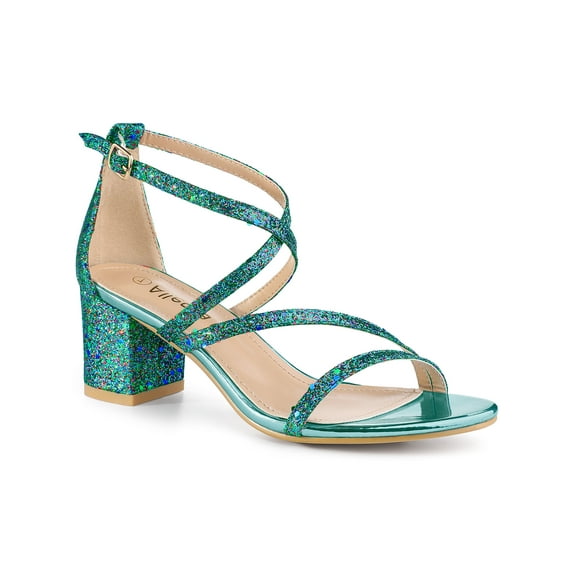 BLISSFUL STEP Women's Open Toe Sandal Glitter Crisscross Strap Block Heel Prom Sandals Green 7.5