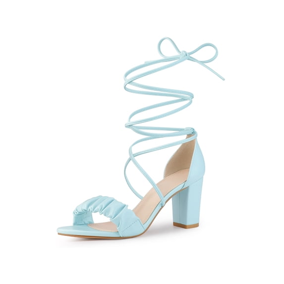 BLISSFUL STEP Style Women's Open Toe Slouching Front Strap Lace Up Block Heels Sandals Light Blue 9