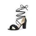 thumbnail image 1 of BLISSFUL STEP Women's Open Toe Slouching Front Strap Lace Up Block Heels Sandals Black 10, 1 of 8