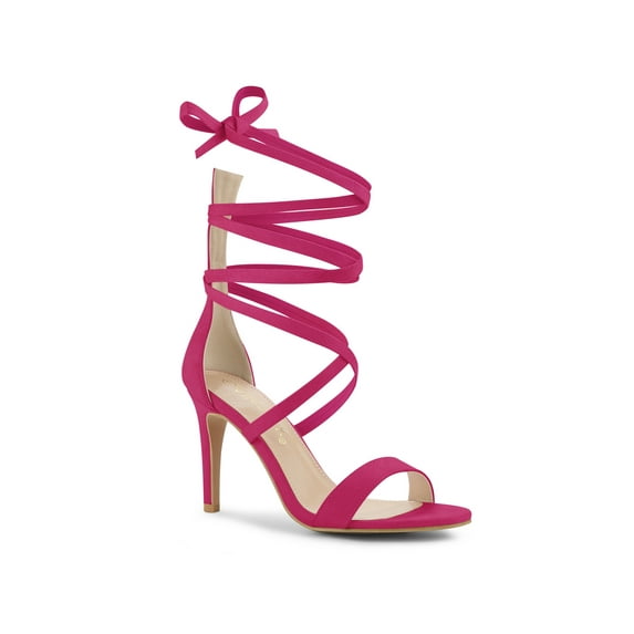 BLISSFUL STEP Women's Open Toe Stiletto Heeled Lace up Solid Sandals Hot Pink 8.5